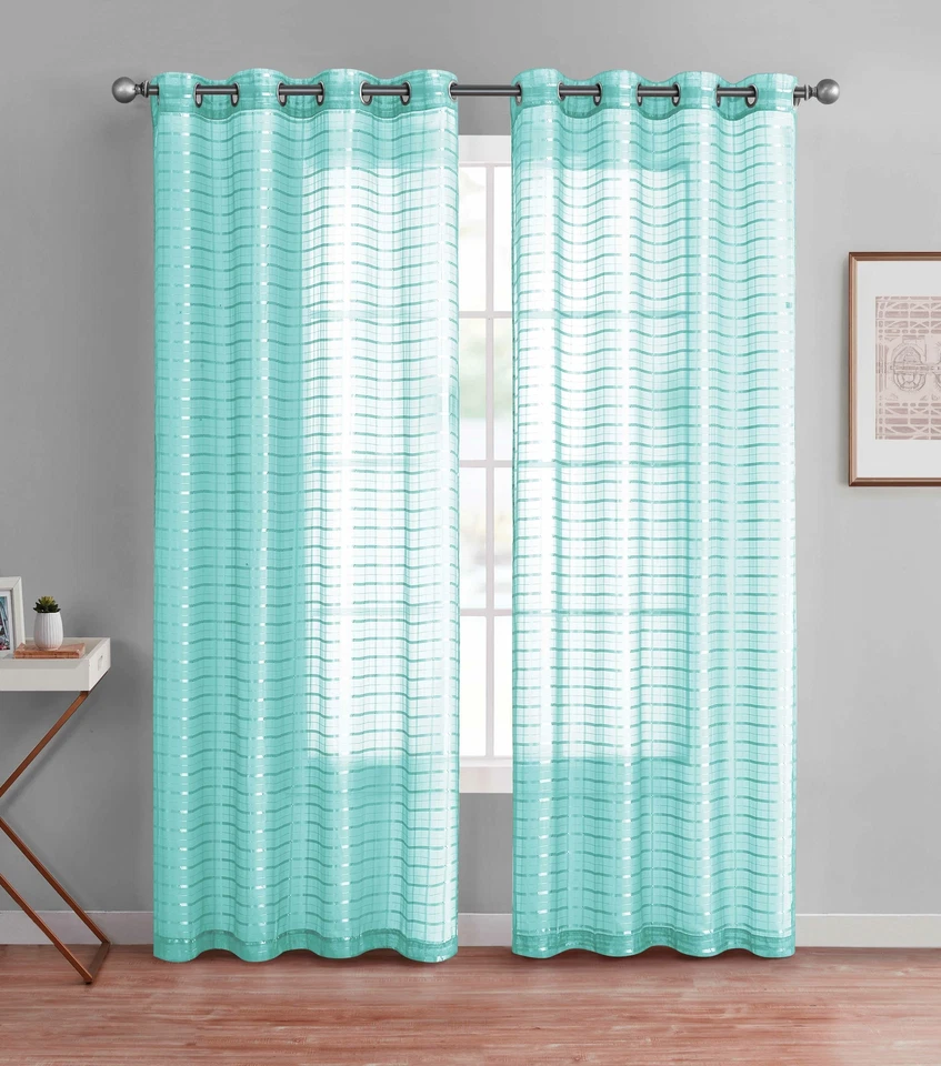 Panel de cortina de ventana transparente individual 90" L diseño a cuadros/a cuadros ojal de metal 55Wx90L Foto 1 de 1