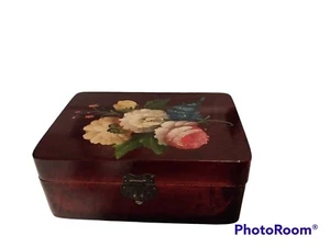 Vtg Painted Wood Box Storage Floral Trinket Keepsake Velvet Lined Hinged 8x 5.5" - Picture 1 of 9