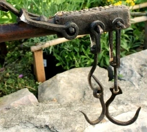 rare très ancienne balance romaine en bois en cuir et fer forgé - Imagen 1 de 11