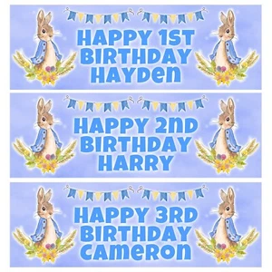 PETER RABBIT: Banderas de cumpleaños personalizadas - Peter Rabbit pancartas de cumpleaños azules - Imagen 1 de 1