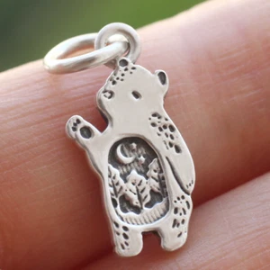 Bear Charm Pendant 925 Sterling Silver Star Moon Night Tree Forest Wild Animal - Picture 1 of 7