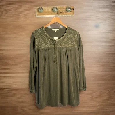 Lucky Brand Embroidered Olive Green Women's 3X Long Sleeve Peasant Boho Top - Image 1 of 4