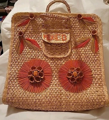 Bolso de Paja De Colección Playa Mercado Rafia Floral Vintage Naranja Foto 1 de 4