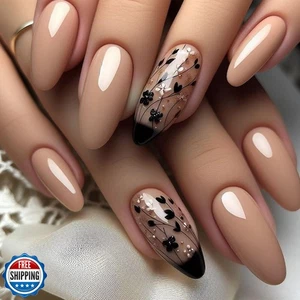 Medium Press on Nails French Almond Fake Nails Tip with Cute Flower Designs F - Bild 1 von 4