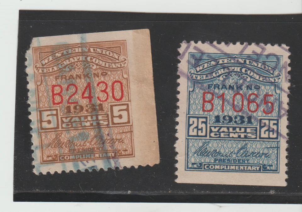 US Scott #16T-79-80 Used Revenue Telegraph Stamps 5 & 25ct issue 1931 Control #B - Image 1 of 1