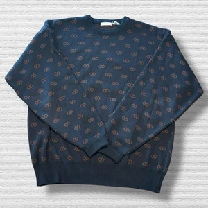 Vtg Claiborne Sweater Mens XL Navy Red Geometric Grandpa Knit Hong Kong - Picture 1 of 8