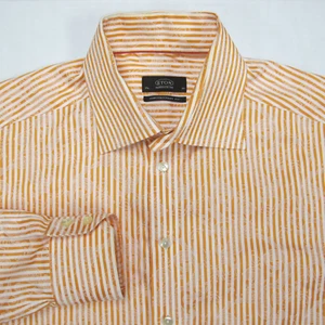 Eton Dress Shirt Mens 17.5-44 Orange Striped AOP Jacquard Floral Pattern - Picture 1 of 15