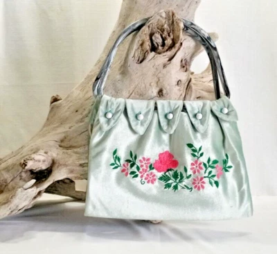 Vintage Short Handle Purse Sage Green Velvet Embroidered Rose Changeable Handle - Image 1 of 4