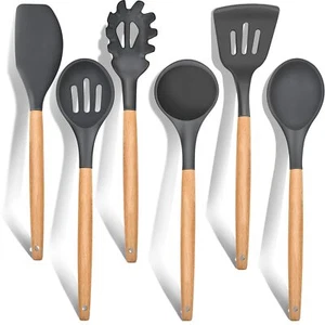 Cooking Utensils Set of 6, Silicone Kitchen Utensils with Wooden Handle, Non-... - Picture 1 of 7