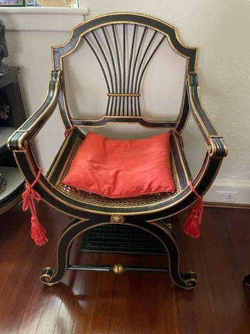 Antique Regency style black painted side chairs with gilded highlights, caning Cover
