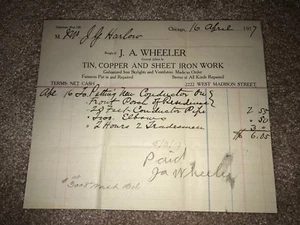 Vintage 1917 Papier Anzeigenbeleg: J. A. Wheeler: Zinn-, Kupfer- & Blecharbeiten - Bild 1 von 3