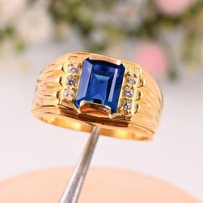 Anillo de boda de oro amarillo de 14 k con topacio azul de Londres calidad AAA regalo para hombre Foto 1 de 3