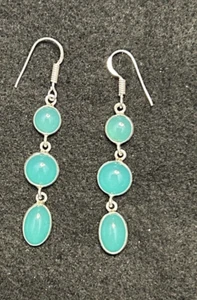 NEW Blue Chalcedony 925 Silver Plated Long Gemstone Earrings 2.5" - Picture 1 of 5