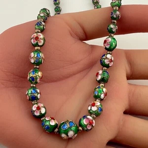 Collar Vintage Plata de Ley 925 Esmalte Cloisonné Verde Cuentas 16" (22.5g) - Imagen 1 de 5