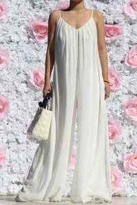 M White Bohemian Wide Leg Palazzo Overall Jumpsuit Cami Dress Pantsuit Outfit - Picture 1 of 4
