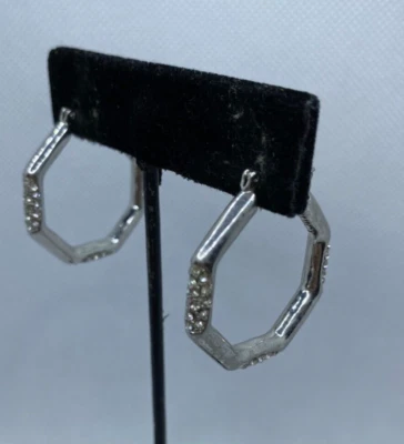 Rare Juicy Couture Octagon Hoop Pierced Earrings Silver With Clear CZ's Signed - Image 1 of 4