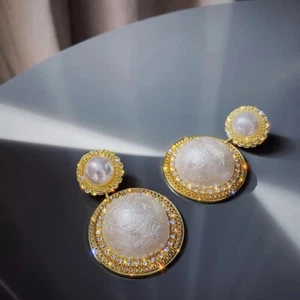 korean women luxury crystal big earrings Pearl White Special Occasion - Picture 1 of 6