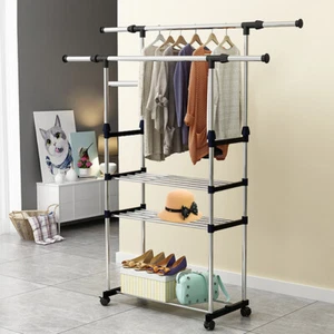Heavy Duty Clothing Garment Rack Rolling Clothes Organizer Double Rails Hanging - Picture 1 of 24