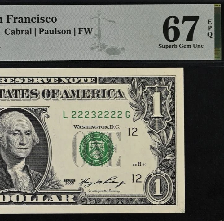 2006 $1 Federal Reserve Note PMG 67EPQ Gem - Near Solid Serial Number - 22232222 - Image 1 of 3