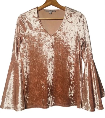 Valerie Stevens Crushed Velvet Bell Sleeve Blouse Sz S Blush Pink V-Neck Boho - Image 1 of 4