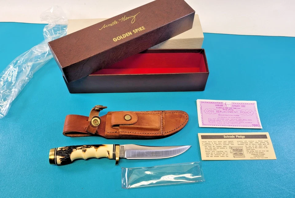 完好老式 Schrade 美国 153UH 金钉狩猎刀 +鞘 + 盒 TR760 — 第 1/4 张图片