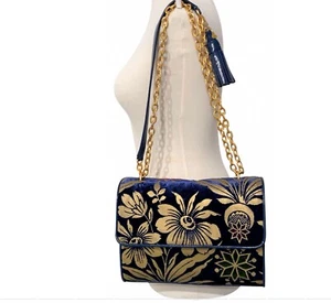 TORY BURCH LARGE FLEMING COSMIC FLORAL CONVERTIBLE VELVET/LEATHER BAG - Picture 1 of 12