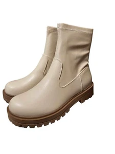 Soda Botan-S Damenstiefel Größe 11 elfenbeinfarben klobige Sohle seitlicher Reißverschluss runde Spitze - Bild 1 von 9