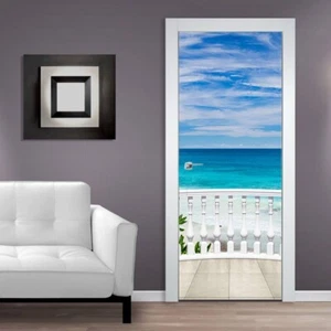 Papel pintado de puerta autoadhesivo mural puerta póster 3D balcón vistas al mar isla 1309 - Imagen 1 de 2