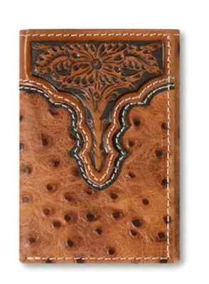 Бумажник мужской вестерн Ariat кожаный тройного сложения страус тисненый цветочный коричневый A3553202 - Изображение 1 из 2