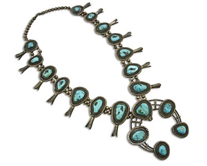 C.1950's Old Pawn Navajo Hand Stamped Bisbee Turquoise .925 Squash Necklace - Picture 1 of 10