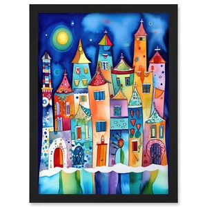 Mitternacht Abstrakte Stadt Moderne Volkskunst Gerahmtes Wandbild Bild Druck A4 - Bild 1 von 31