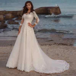 Abiti da sposa eleganti A-Line scollo a V maniche lunghe pizzo applicazioni abiti da sposa - Foto 1 di 6