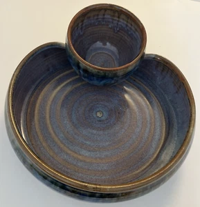 Cuenco de cerámica vintage hecho a mano para astillas y inmersión Clarksville cerámica-azul cobalto marrón - Imagen 1 de 14