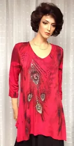 JOSTAR Poly Spandex Slinky Stretchy Knit TOP Travel Wear SPARKLES RED L XL 2X 3X - Picture 1 of 10