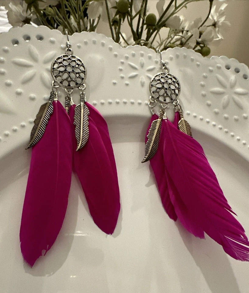 J CREW Fuchsia Hot Pink Feather Navajo Tribal Indian Earrings NEW 4 CHARITY❤️262 - Image 1 of 4