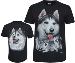 Husky Dogs T-shirt Siberian Huskies Dog over Snow Forest Glow in Dark by Wild - Picture 1 of 5