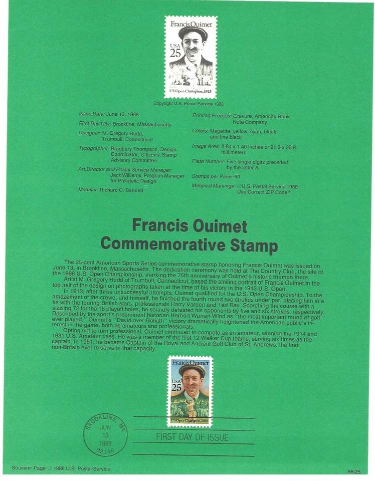 USPS Souvenir First Day Of Issue Commemorative Stamp 6/13/88 Francis Ouimet 25c - Image 1 of 1