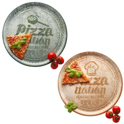 2x Pizzateller creme & grün Ø33cm 2 Personen XL-Teller Dekor Platte Schrift  - Bild 1 von 4
