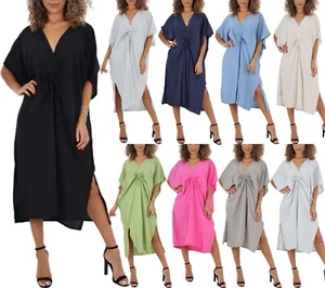 Vestido italiano con cordón delantero cuello en V para mujer manga murciélago vestido dividido lateral - Imagen 1 de 41