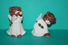 Christmas Bear Angel 2 Figurines HP Ceramic Gown Halo Trumpet Horn Holly Berry 