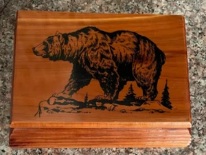 Cedar Storage Box with Grizzly Bear, Hinged w/ Coin Display Insert - Picture 1 of 10