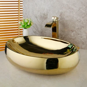 23" Gold Ceramic Oval Basin Bowl Lavatory Vessel Sink Tap Mixer Faucet Pop Drain - Bild 1 von 5