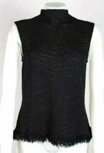 St John Marie Gray Black Animal Semi Sheer Mock Sleeveless Fringe Top Sz Small - Picture 1 of 6