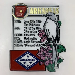 Vintage Arkansas State Magnet Vogel Flagge Blume Fakten 3" Kühlschrank Reise Souvenir - Bild 1 von 5
