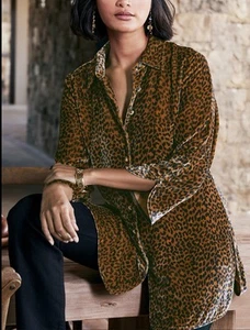 Soft Surroundings Icon Silk Velvet Poets Tunic Shirt Leopard Animal Print Button - Picture 1 of 9