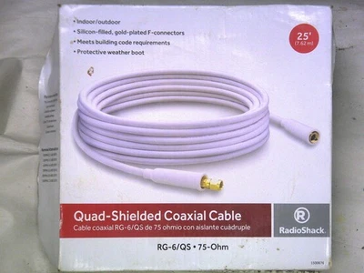RadioShack 25-Foot RG-6 QuadShield Coax Cable with Gold F-Connector (White) - Image 1 of 2