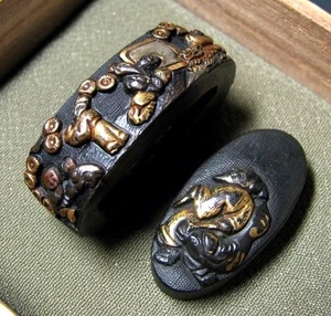 Japón Antiguo Era Edo Ermitaño Crisantemo Fuchi Kashira Shakudo Caja Espada Armadura - Imagen 1 de 8