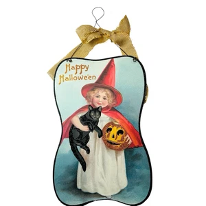Designs By Kathy Halloween 1920s Style Witch Sign Decor Black Cat Glitter 11X17" - Picture 1 of 9