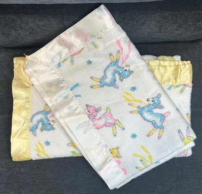 2 Vintage Handmade Flannel Baby Blankets Satin Trim Unisex - Image 1 of 2