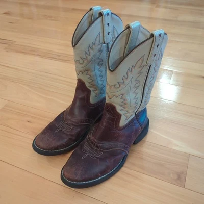 Old West Youth Size 2 / 020 Tan Brown Leather Stockman Cowboy Western Boots - Image 1 of 4